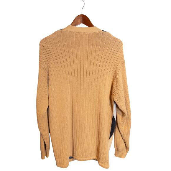 Vintage 90s Lizsport Tan Gray Argyle Knit Cotton Cardigan Sweater Large - Picture 7 of 9